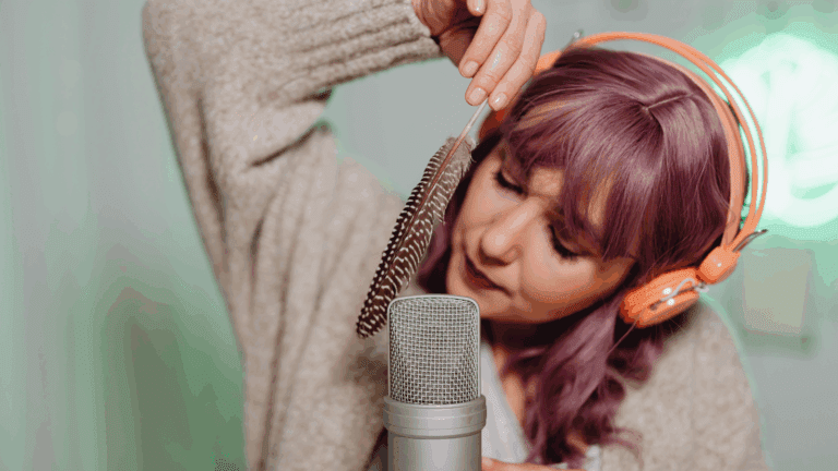 new age singer recording a song using feather sound effects