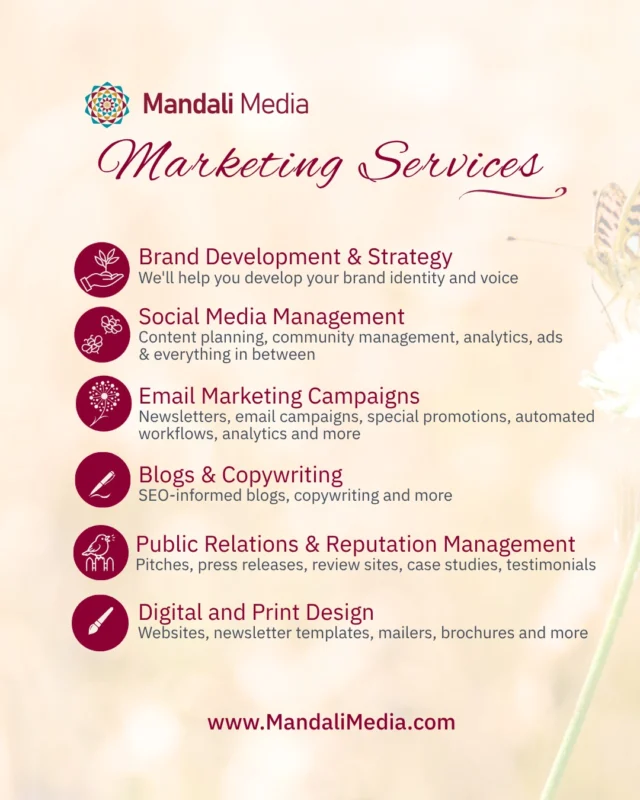 Your brand deserves marketing that feels intentional, consistent, and aligned with your vision ⛰️At Mandali Media, we support businesses with strategic, hands-on marketing that is both accessible and rooted in quality.Our services include:✨ Brand Development & Strategy —We help you develop a clear brand identity, voice, and direction so your message feels aligned and intentional.✨Social Media Management— Content planning, community management, analytics, ads, and everything in between to keep your presence active and engaging.✨Email Marketing Campaigns—Newsletters, campaigns, promotions, automated workflows, and performance tracking to nurture your audience over time.✨Blogs & Copywriting—SEO-informed blogs and copy that communicate clearly and support visibility and trust.✨Public Relations & Reputation Management Press releases, media outreach, reviews, case studies, and testimonials to strengthen credibility.✨Digital & Print Design—Websites, newsletters, brochures, mailers, and branded materials that bring your identity to life.Our services are designed to be affordable while maintaining a strong commitment to quality, attention to detail, and service excellence. If you are building something meaningful and want your marketing to reflect that, we are here to support you 🌻#DigitalMarketingServices #AffordableMarketingServices #BrandStrategy #SocialMediaManagement #ContentMarketing #PublicRelations #OnlineReputationManagement #EmailMarketingCampaigns #Copywriting #InboundMarketing #HubSpot #MandaliMedia