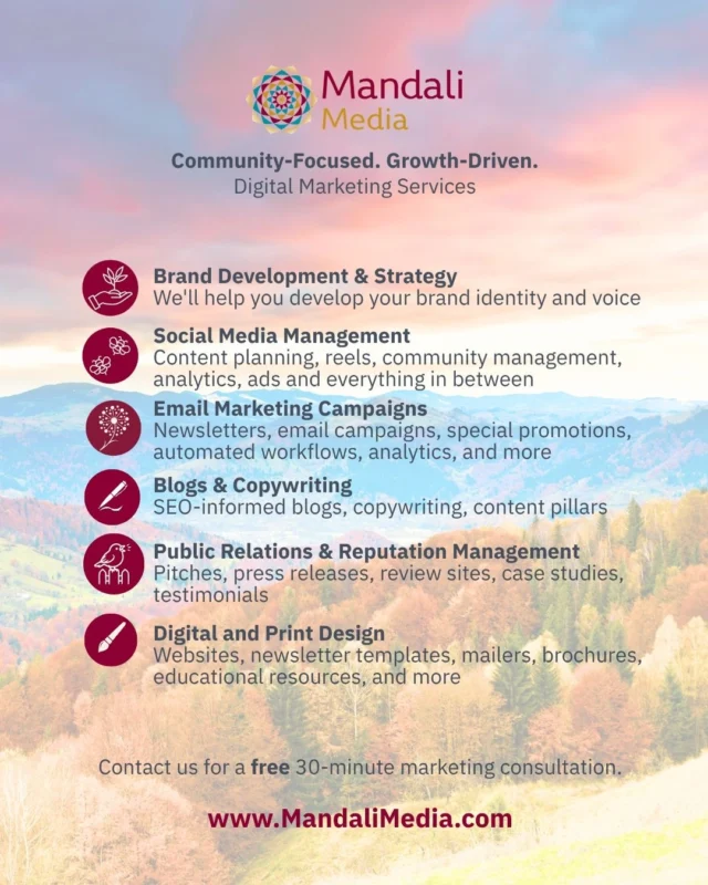 Looking for marketing support? 🌻Mandali Media provides digital marketing services for small businesses, entrepreneurs, creatives, and nonprofits, including:• Social media management• Email marketing• Content marketing• Online reputation management• PR• SEOWhether you need ongoing support or help with a specific area, marketing should communicate what you do and connect you with the people you want to reach.☕ Let’s talk about what you need.#DigitalMarketing #SmallBusinessMarketing #EmailMarketing #ContentMarketing #MandaliMedia
